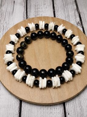 2pc Black Obsidian and White Puka Beaded Stretch Anklet And Bracelet Set